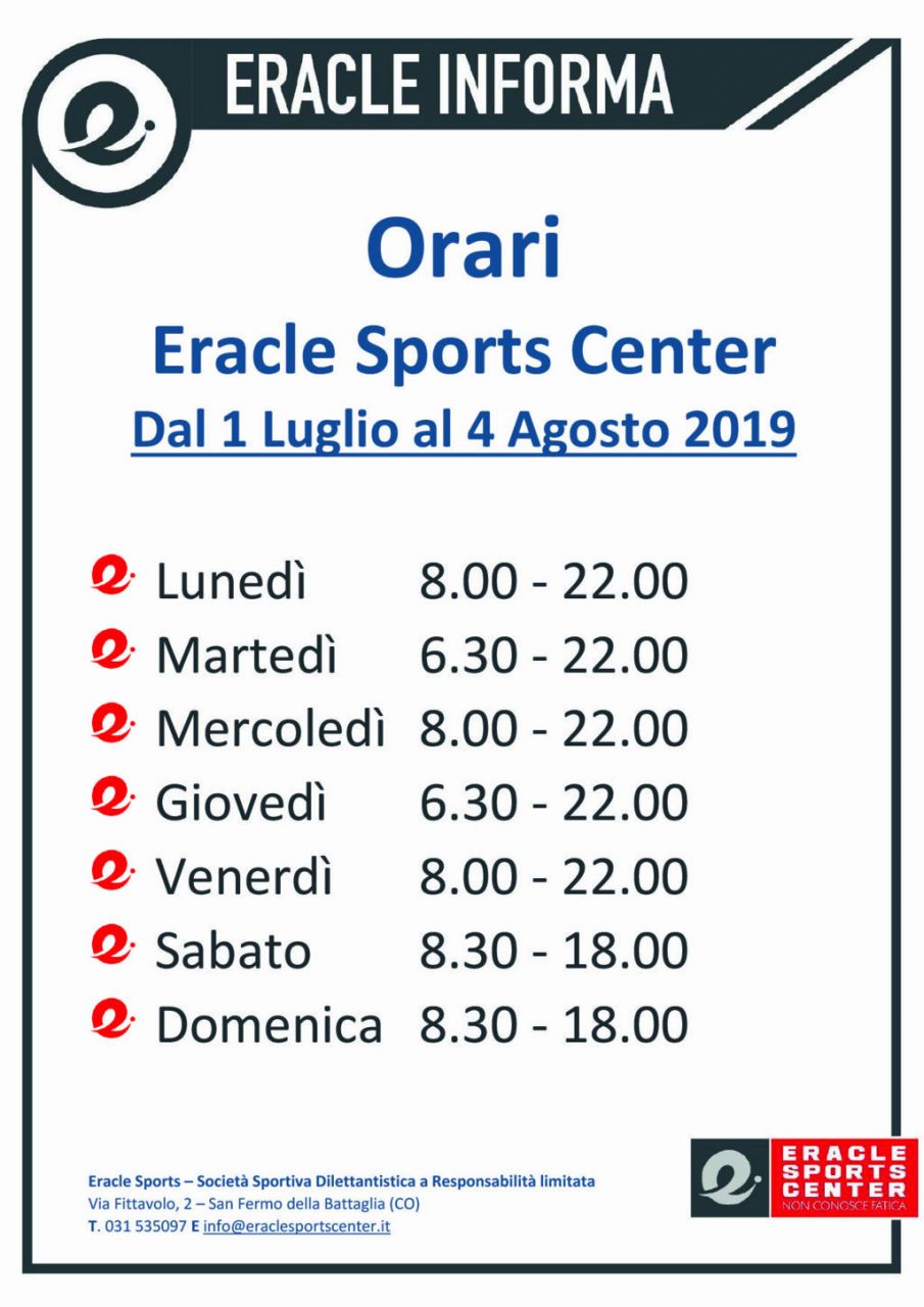VARIAZIONE ORARI DI APERTURA - 1 LUGLIO / 4 AGOSTO